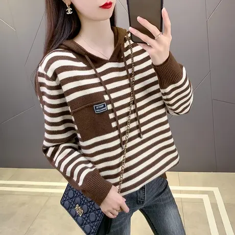 连帽针织衫卫衣女2023秋冬新款毛衣宽松条纹款百搭洋气打底帽子衫图片
