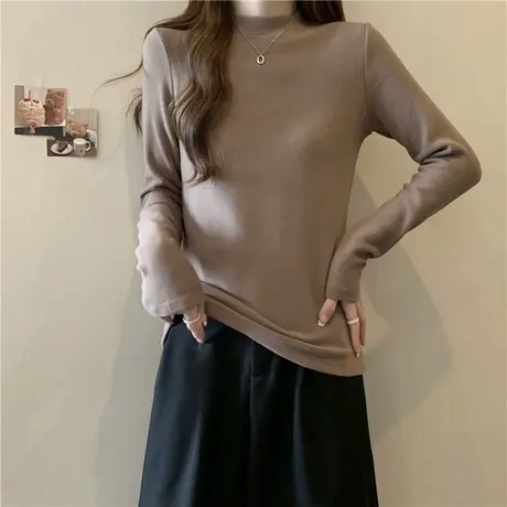 德绒磨毛长袖T恤女冬季洋气减龄修身加厚加绒内搭打底衫保暖上衣商品大图