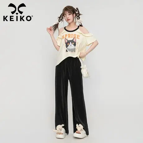 奶系甜酷露肩挂脖短袖T恤女2023夏季新美式复古纯棉印花宽松上衣图片