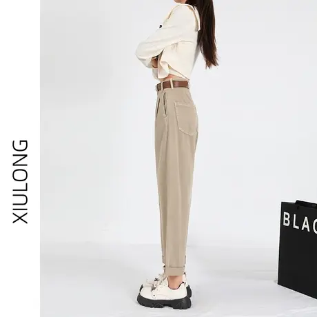 卡其色高腰哈伦牛仔裤女春秋季2024年新款显瘦小个子九分老爹裤子图片