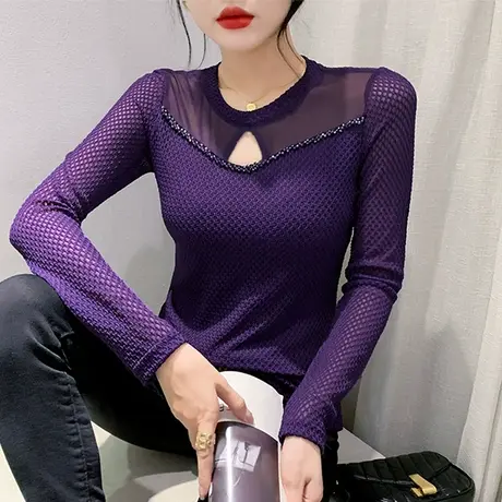 性感镂空网纱T恤女长袖欧货烫钻钉珠拼接上衣洋气修身减龄打底衫商品大图