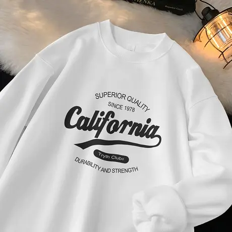 450g重磅圆领卫衣男秋冬款2023新款摇粒绒无帽长袖t恤白色上衣服商品大图