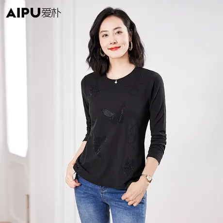爱朴大码女装2023冬新款胖mm休闲时尚圆领烫钻设计感修身打底上衣图片