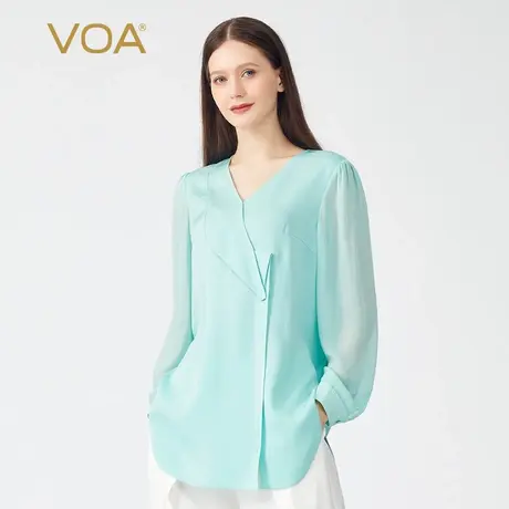 VOA40姆米重磅真丝V领乔其面料拼接长袖弧形下摆个性桑蚕丝T恤图片