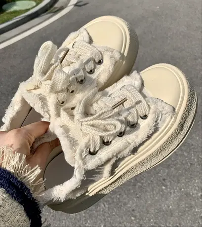 毛边小白鞋子女厚底鞋2023年春新款小香风帆布鞋透气增高休闲板鞋图片