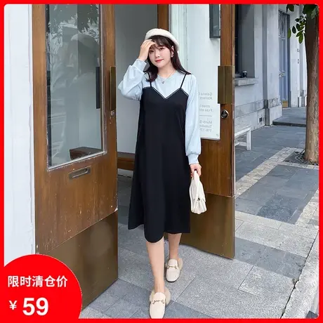 2023年秋新款显瘦遮肉中长款假两件针织罗马布胖MM连衣裙大码直筒商品大图