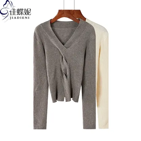 秋冬新款韩版V领修身纯色褶皱长袖针织衫保暖上衣内搭打底女装商品大图