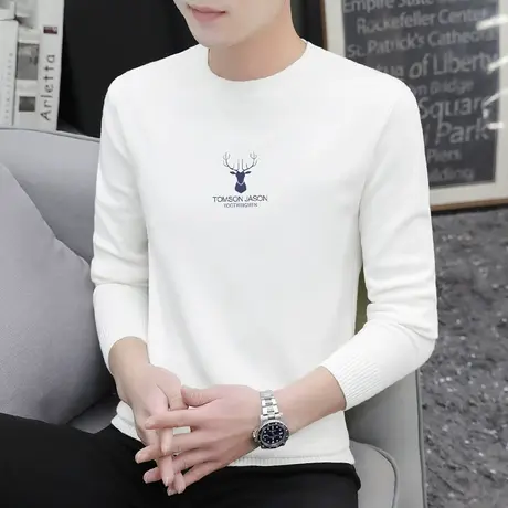 圆领毛衣男白色春秋款针织衫内搭打底衫秋冬季加厚加绒毛线衣毛衫商品大图