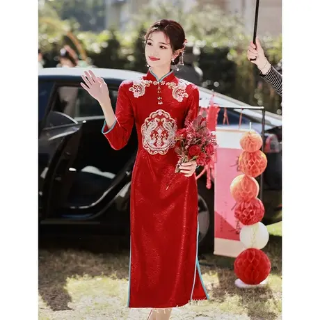 改良旗袍敬酒服冬季长袖加厚保暖2023新款高级感新中式高端订婚裙商品大图