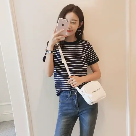 2023夏季新款条纹短袖针织打底衫女显瘦上衣百搭薄款修身冰丝春夏图片