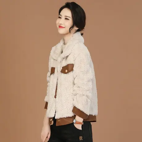 新品88折】美拉德撞色polo领仿兔毛短外套女毛呢大衣厚图片
