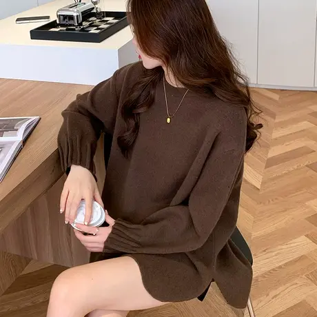 2023年秋冬季新款宽松慵懒风中长款圆领针织衫女长袖加厚洋气毛衣商品大图