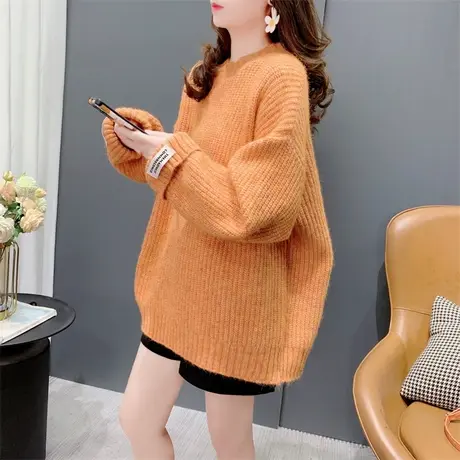 慵懒风贴标宽松外穿圆领毛衣女秋冬2023年新款韩版百搭高级感上衣图片