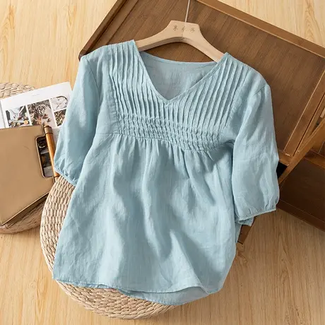 享永子五分袖苎麻衬衫女夏琴褶文艺复古法式棉麻上衣气质2024新款图片