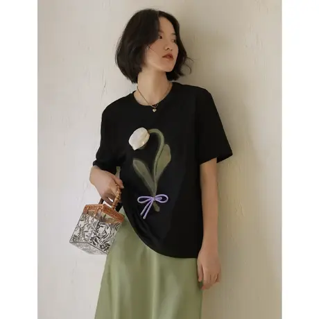 弥古立体郁金香t恤女夏黑色短袖正肩油画上衣设计感小众宽松休闲商品大图