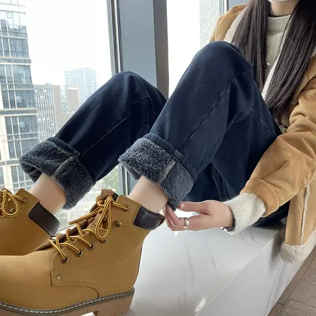 加绒牛仔裤女秋冬季新款宽松高腰直筒显瘦加厚羊羔绒老爹哈伦裤子商品大图