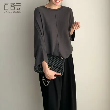 百洛安时尚宽松蝙蝠袖针织衫上衣女2023秋装新款百搭圆领套头毛衣图片