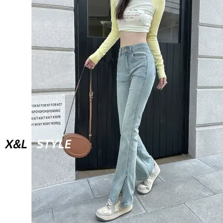 微喇叭牛仔裤女高腰秋季2023新款秋小个子修身显瘦显高开叉马蹄裤商品大图