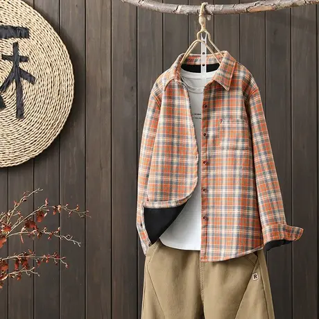 枫谜2022年冬季新款复古文艺格子撞色加绒翻领口袋单排扣百搭衬衫图片