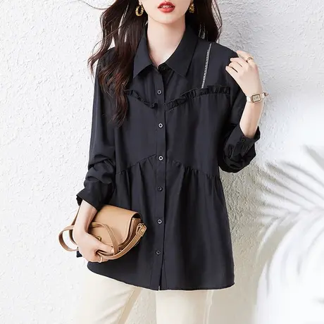 长袖衬衫女春秋季新款宽松加大码女装胖妈妈休闲减龄百搭显瘦衬衣商品大图