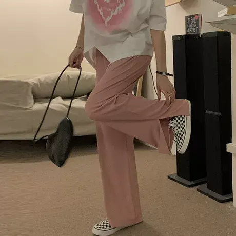 宽松垂感拖地开叉休闲裤女春装小个子高腰显瘦抽绳直筒阔腿长裤子商品大图