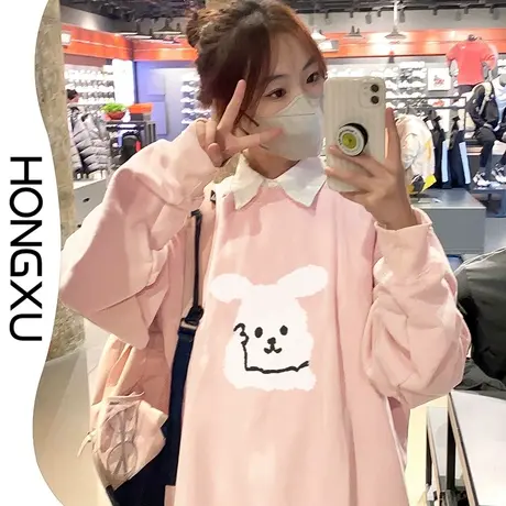 红续2023冬季新款可爱小熊印花粉色圆领上衣ins潮小众加厚卫衣女图片