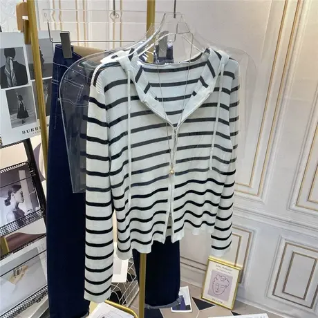 双拉链针织衫女连帽短款宽松2023早秋装上衣新款时尚带帽开衫外套商品大图