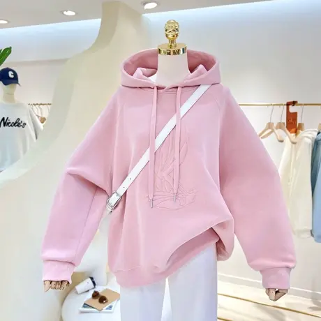 2023春秋百搭韩版卡通兔子刺绣宽松大码连帽卫衣女帽衫外套休闲潮商品大图