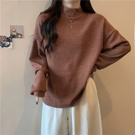 条纹半高领长袖T恤女秋冬季韩版宽松显瘦内搭加厚打底衫上衣潮牌商品大图
