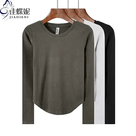 秋冬新款圆领修身下摆圆弧纯欲短款纯棉纯色长袖体恤上衣女打底衫商品大图