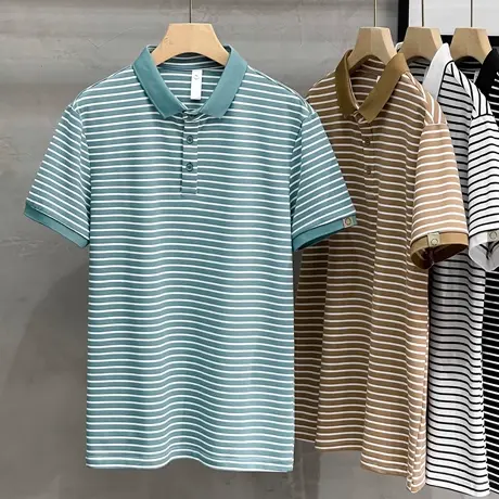 男装条纹短袖T恤2023春夏季新款POLO衫男商务休闲冰丝翻领T恤上衣商品大图