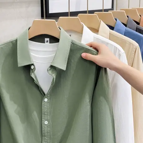 美式重磅长袖衬衫男秋季宽松高级感纯棉寸衫纯色白色翻领衬衣外套图片