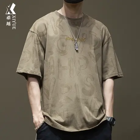 夏季高级感轻奢卡其色短袖t恤男满身印花ins潮牌宽松大码重磅体恤商品大图