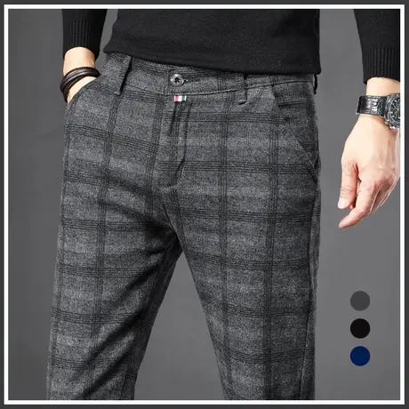 毛呢格子商务正装西裤男士修身小脚休闲长裤子男裤春秋款春季春装商品大图