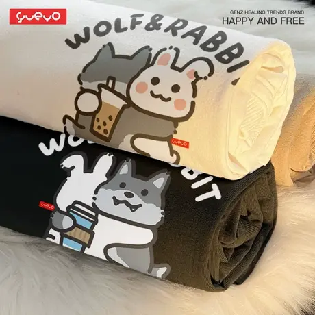 悦游 狼兔拥抱 美式情侣装夏季短袖T恤原创情侣卡通商品大图