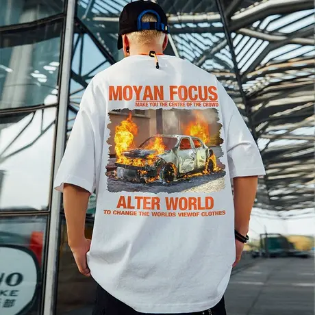 纯棉宽松t恤胖子男潮ins短袖潮牌宽松夏季学生大码五分半截袖潮流商品大图