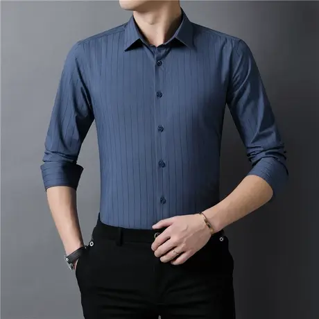 男士条纹蓝白衬衣长袖商务正装免烫休闲时尚衬衫男高级感轻奢寸衣图片