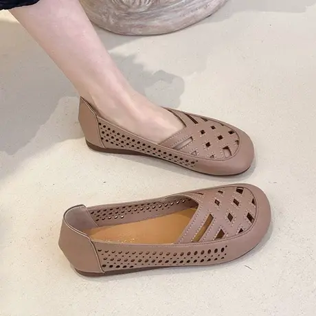 复古春夏季镂空女鞋2023年中老年皮鞋妈妈凉鞋软底女平底洞洞单鞋图片