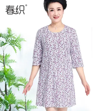 妈妈圆领短袖女式长睡裙纯棉中老年人加肥大码睡衣夏天薄款家居服商品大图