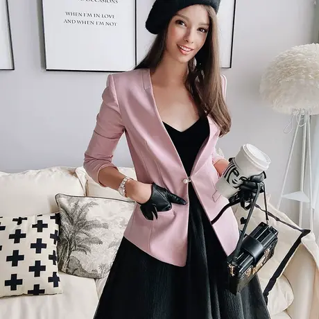 粉红大布娃娃新款气质修身职业西装V领简约收腰粉色外套春季女图片