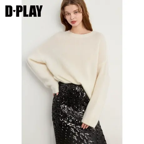 DPLAY年冬慵懒风圆领白色圆领落肩长袖宽松针织毛衣女图片