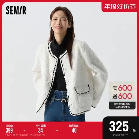 [商场同款]森马外套女菱形格优雅白色冬2023新款仿兔毛仿麂皮夹克商品大图