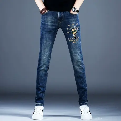 男士深蓝色印花牛仔裤男款秋冬款裤子潮流男2023新款高端潮牌弹力商品大图