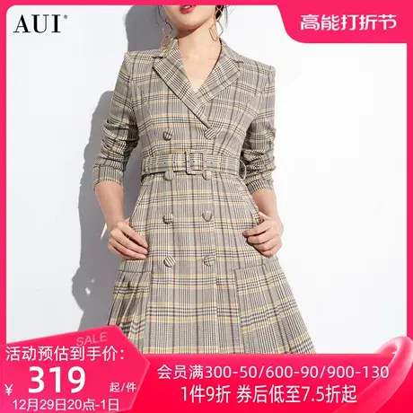 AUI御姐气质格子西装连衣裙女2024早春新款复古中长款百褶西服裙商品大图