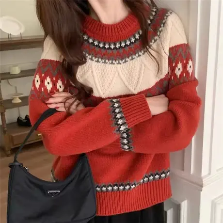 红色女毛衣加厚复古风秋冬装2023新款爆款慵懒风宽松百搭上衣外穿商品大图