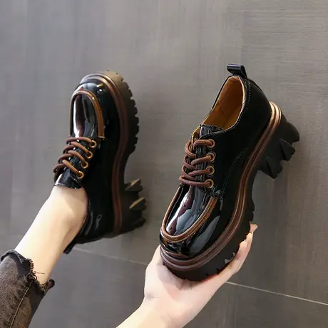 黑色英伦风小皮鞋女款春季2024新款百搭高跟鞋单鞋厚底乐福女鞋子图片