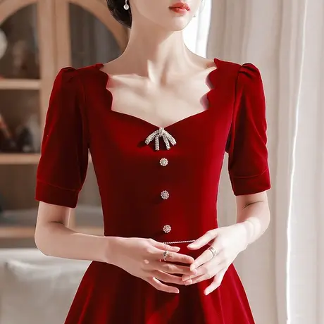 红色礼服平时可穿回门便装夏季敬酒服小个子新娘高级感订婚连衣裙图片