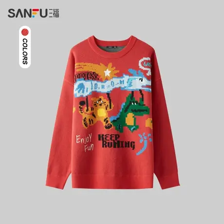 三福2024春季男士马赛克印花毛衣 趣味休闲落肩圆领上衣482406商品大图