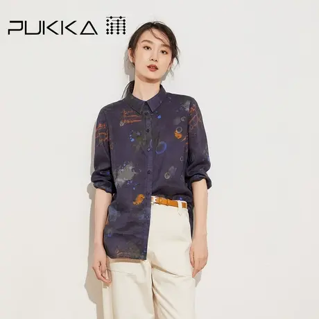蒲PUKKA 商场同款女装亚麻衬衫新款印花春秋设计感小众上衣商品大图