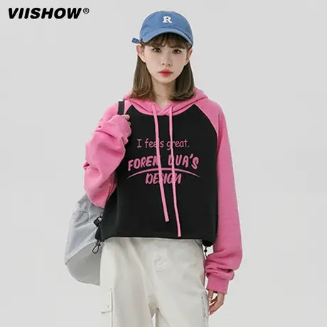 VIISHOW美式复古潮牌插肩袖连帽卫衣男女宽松百搭字母情侣bf外套商品大图